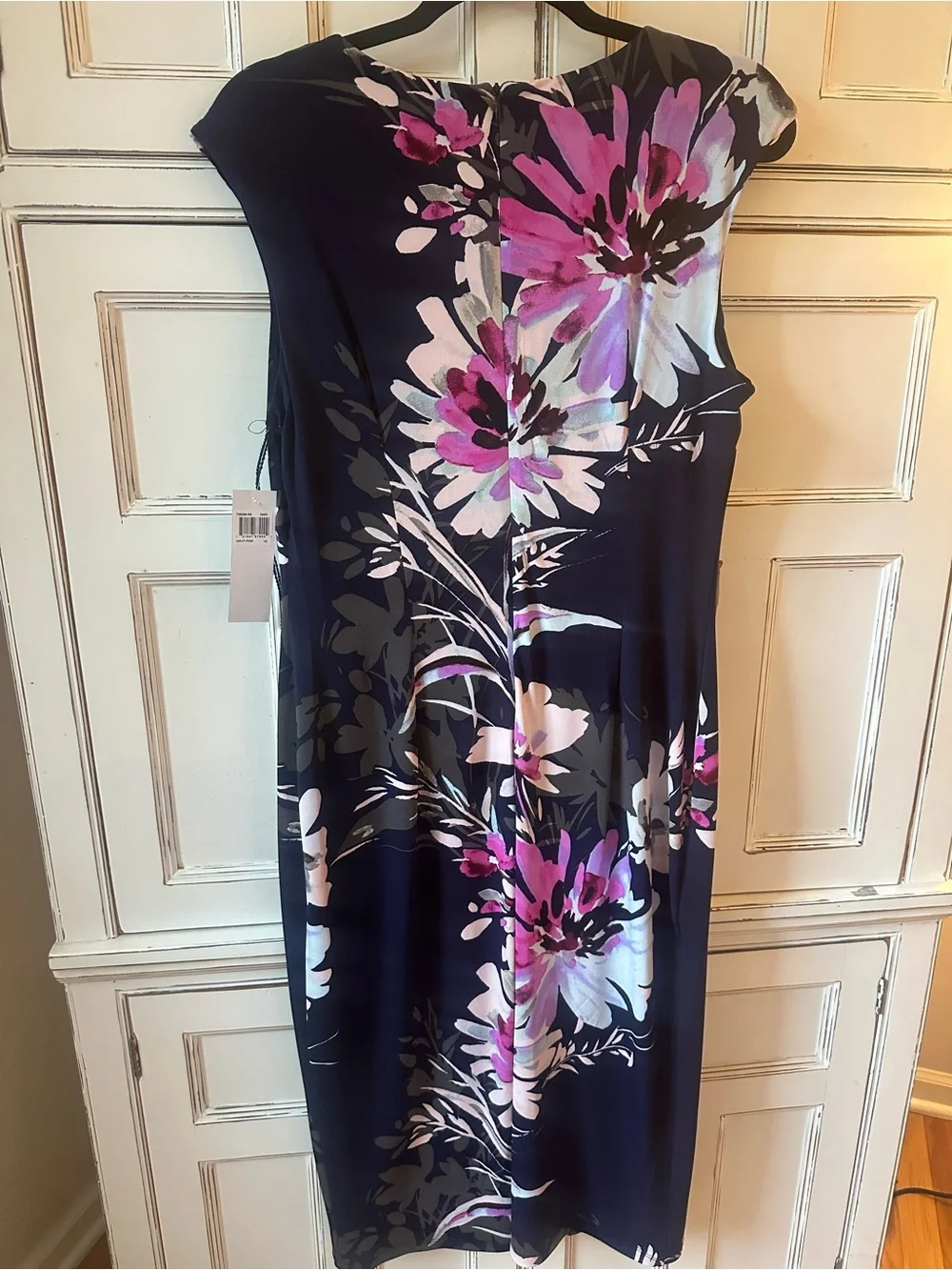 London Times Navy Midi Dress with Pink & White Floral Print - Picture 2 of 3